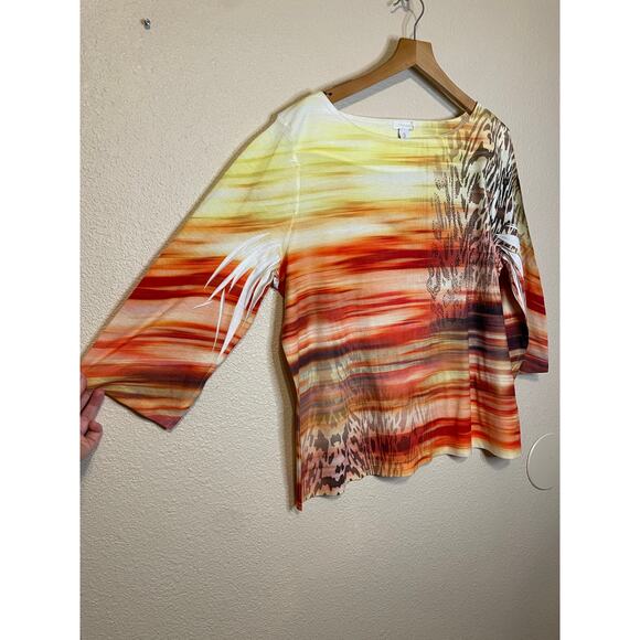 Chico's Boho Y2K Sunset Animal Print Boat Neck 3/4 Sleeve Yellow Orange Top 3 XL - Picture 3 of 12